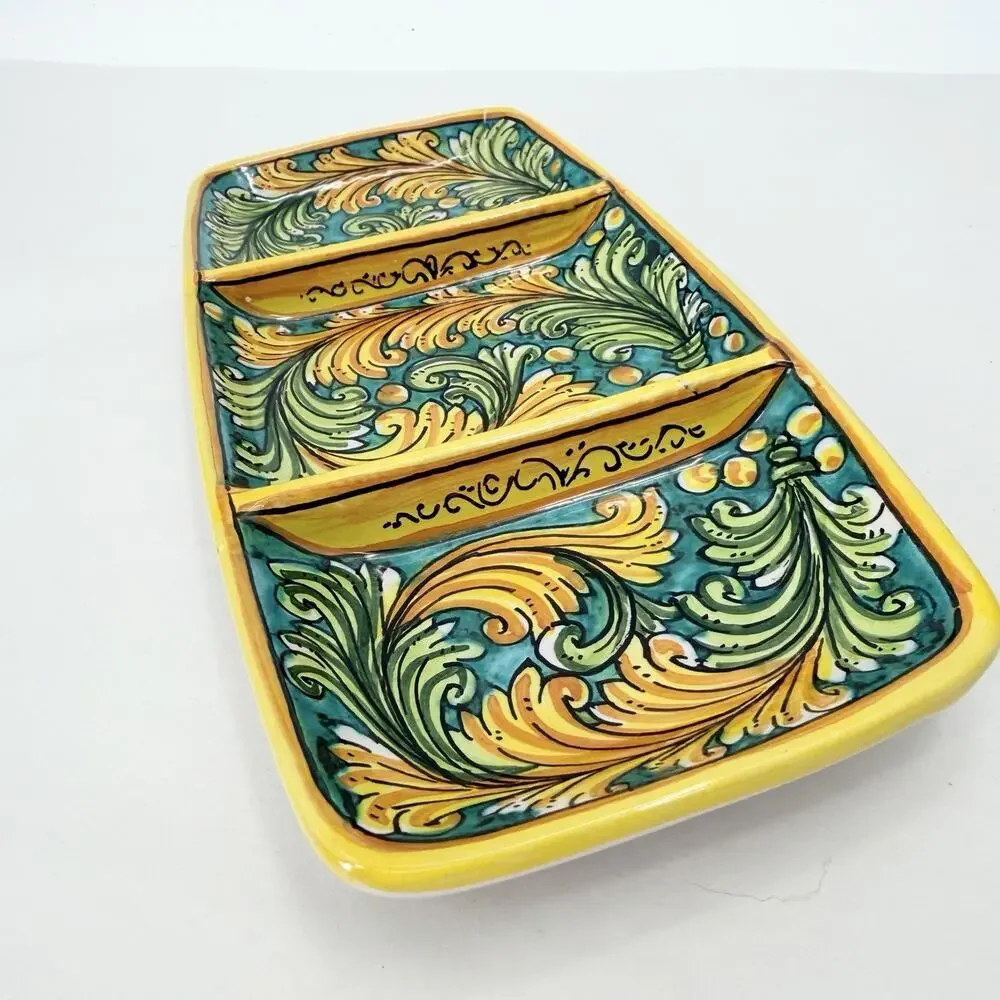 Colorful Ceramic Slotted Serving Tray Scroll Design Scaglia Caltagirone Italy